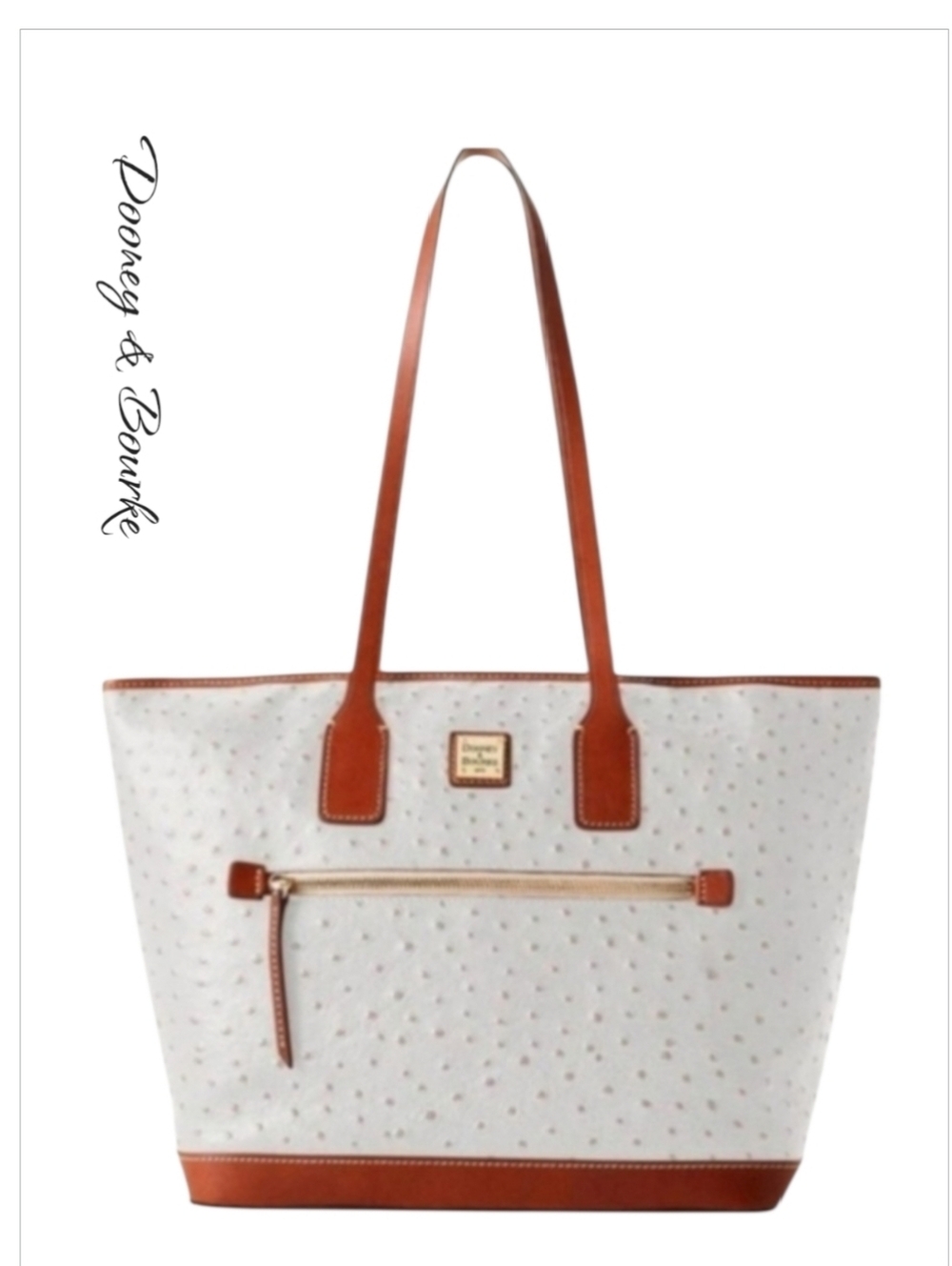 NWT Dooney & Bourke Ostrich Leather Shopper Tote Bag Ivory Brown Large 